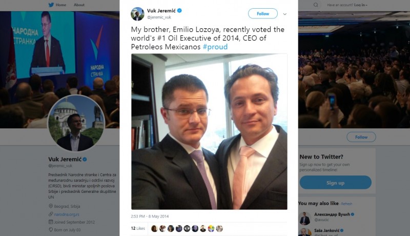 Emilio Lozoya, whom Jeremic calls his brother, became wellknown to the world public after the special Mexican prosecutor publicly linked him with mediation in giving 10 million dollars of bribes to former President of Mexico Enrique Pena Nieto during the presidential campaign in 2012